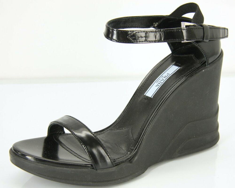 Prada Shiny Leather Ankle Strappy Sculpted Platform Wedge Sandals